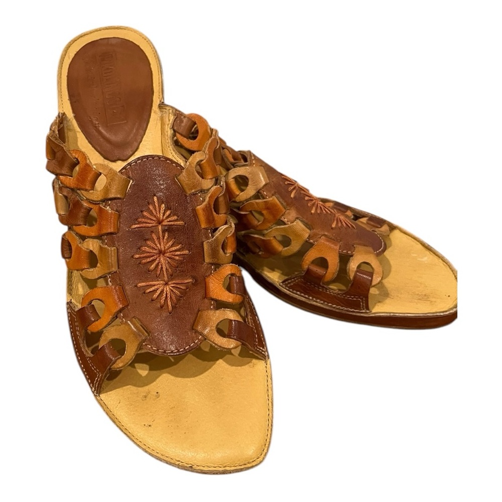 Pikolinos brown etched leather slide kitten heel open toed sandals size 38 US 8